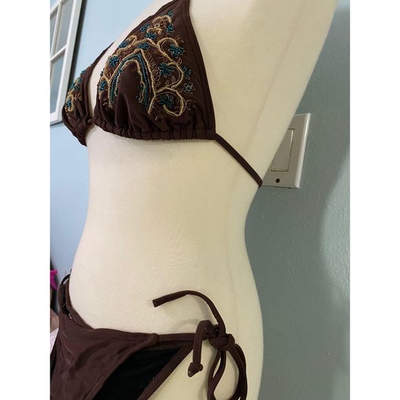 La Vie En Rose Brown Blue Beaded Triangle Bikini - Picture 3 of 5